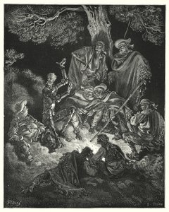 Gustave Dores Don Quijote: "Åh, lycklig ålder", ropade han, "som våra första föräldrar kallade guldåldern!" (gravyr) av Gustave Dore