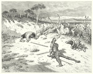 Gustave Dores Don Quijote: "Sancho, jag har alltid hört det sägas, att att göra clowner vänlig är som att kasta vatten i havet" (gravyr) av Gustave Dore