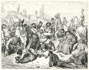 Gustave Dores Don Quijote: "Ensam Sancho Panza var upprörd, irriterade sig till döds och rasade som en galning" (gravyr) av Gustave Dore