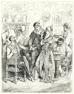 Gustave Dores Don Quijote: "Sancho och hans herre stannade i tre dagar med ett unga par och underhölls som prinsar" (gravyr) av Gustave Dore