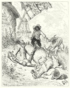 Gustave Dores Don Quijote: "Sancho sprang så fort hans rumpa kunde köra, för att hjälpa sin herre" (gravyr) av Gustave Dore