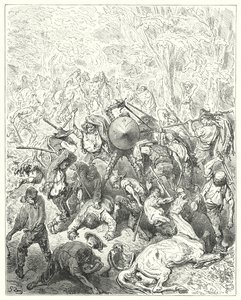 Gustave Dores Don Quijote: "Yangesierna slog sig till sina spakar och packstavar" (gravyr) av Gustave Dore