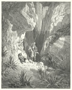 Gustave Dores Don Quijote: "Det första han hittade var det grova utkastet till en sonett; så han läste det högt" (gravyr) av Gustave Dore