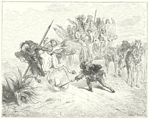 Gustave Dores Don Quijote: "Dåren i pjäsen kom upp sprattlande med sina morriceklockor" (gravyr) av Gustave Dore