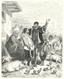 Gustave Dores Don Quijote: "Riddaren gav honom så många rättvisa löften, att den stackars fåniga clownen äntligen gick med på att följa med honom och bli hans godsherre" (gravyr) av Gustave Dore