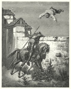 Gustave Dores Don Quijote: "Ju mer han stormade, desto mer slängde och skrattade de" (gravyr) av Gustave Dore
