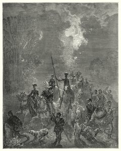 Gustave Dores Don Quijote: "Morgen började sprida hennes leende blickar i den östra delen av himlen" (gravyr) av Gustave Dore