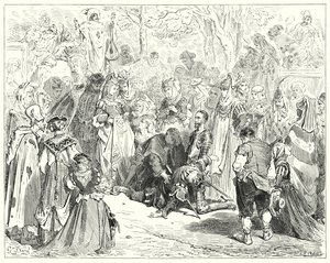 Gustave Dores Don Quijote: "Den stackars jungfrun, darrande och förfärad utan att säga ett ord, kom till stackars Basil" (gravyr) av Gustave Dore