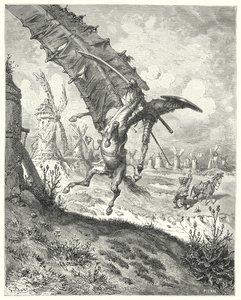 Gustave Dores Don Quijote: "Seglet kastade iväg både riddare och häst tillsammans med det" (gravyr) av Gustave Dore