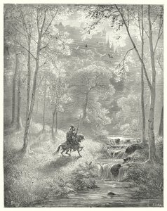 Gustave Dores Don Quijote: "Himlen verkar för honom mer genomskinlig, och solen tycks lysa med fördubblad ljusstyrka" (gravyr) av Gustave Dore