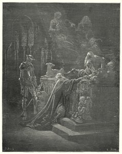 Gustave Dores Don Quijote: "Den ärevördiga Montesinos föll på knä inför den drabbade riddaren" (gravyr) av Gustave Dore