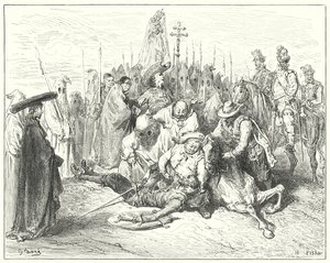Gustave Dores Don Quijote: "De äckliga accenterna i godsägarens röst kallas äntligen Don Quijote för sig själv" (gravyr) av Gustave Dore