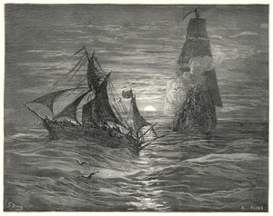 Gustave Dores Don Quijote: "De var under vinden och sköt två vapen mot oss" (gravyr) av Gustave Dore