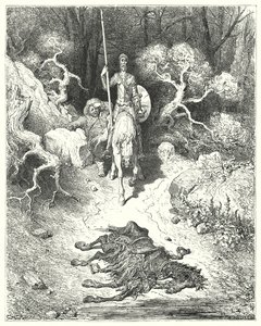 Gustave Dores Don Quijote: "De kom till en park, där de hittade en mula som låg död" (gravyr) av Gustave Dore