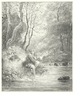 Gustave Dores Don Quijote: "De spanade en ungdom i en lantlig vana, sittande vid foten av en sten bakom en ask" (gravyr) av Gustave Dore