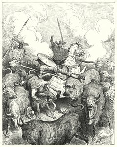 Gustave Dores Don Quijote: "De trampade dem under fötterna i en obarmhärtig takt" (gravyr) av Gustave Dore