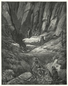 Gustave Dores Don Quijote: "De fortsatte i ungefär tre fjärdedelar av en liga, och sedan bland klipporna spanade de Don Quijote, som vid det här laget hade tagit på sig sina kläder, men inte sin rustning" (gravyr) av Gustave Dore