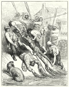 Gustave Dores Don Quijote: "Båda drogs i land, mer överdränkta än törstiga" (gravyr) av Gustave Dore