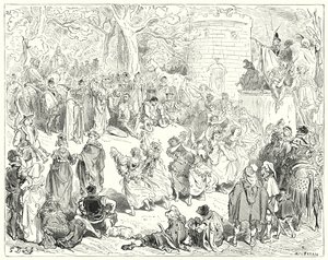 Gustave Dores Don Quijote: "De leddes upp av en vördnadsvärd gammal man och en matronly kvinna" (gravyr) av Gustave Dore