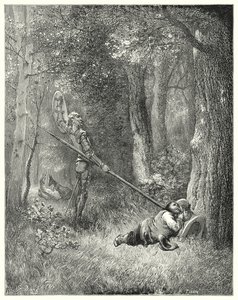 Gustave Dores Don Quijote: "Till all denna fina utläggning svarade Sancho inte ett ord" (gravyr) av Gustave Dore