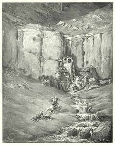 Gustave Dores Don Quijote: "När de kom närmare började även tålmodige Rozinante själv vid det fruktansvärda ljudet" (gravyr) av Gustave Dore