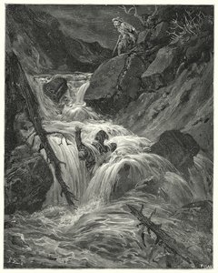Gustave Dores Don Quijote: "Med den lilla styrka jag hade knuffade jag honom nerför ett stup, där jag lämnade honom" (gravyr) av Gustave Dore