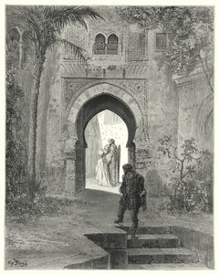 Gustave Dores Don Quijote: "Zoraida, som visade problem i sitt utseende, gick iväg med sin far" (gravyr) av Gustave Dore