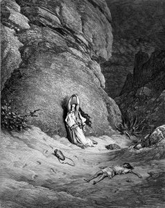 Hagar och Ismael, gravyr av Doré. - Bibeln av Gustave Dore
