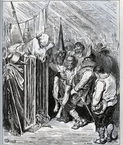 Hur man blir av med Don Quijote. Folket i hotellbutiken bestämde sig för att låsa in honom genom att få honom att tro på en ny förtrollning och ett nytt ridderligt test - från "Don Quixote de la Mancha" av Miguel Cervantes (1547-1616) (Don Quijote) - Träsn av Gustave Dore