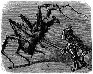 Illustration av Gustave Dore (1832-1883) till Ernest Lepines bok "La legende de Croquemitaine" (1863) - Inför denna bild av en strid med svärd mot en gigantisk araignee kan man inte låta bli att tänka på Frodos och Aragnes kamp i Tolkiens av Gustave Dore