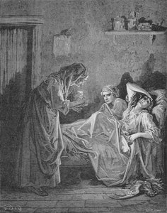 Illustration för Den gamla kvinnan och de två tjänarna, från "Fables" av Jean de La Fontaine (1621-95)