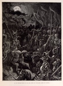 Illustration av riddare i strid under en månbelyst kväll. av Gustave Dore
