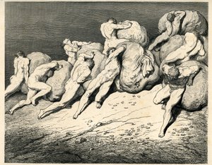 I helvetets fjärde krets, under vilken Pluto (Hades) presiderar, bär och rullar Avares och Prodigans tunga bördor (stenar) och kolliderar med ilska. Gravyr ur Helvetet av Dante Alighieri (Den gudomliga komedin) illustrerad av Gustave Dore. Franska e av Gustave Dore