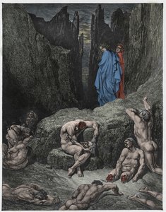 Inferno, Canto 29 : Vergilius bestrider Dantes nyfikenhet, illustration från "Den gudomliga komedin" av Dante Alighieri, 1885 av Gustave Dore