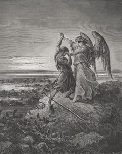 Jakob brottas med ängeln, 1 Mosebok 32:24-32, illustration från Dores 