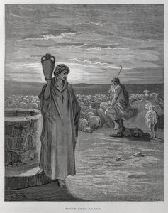 Jakob ser Rakel vid brunnen i Labans hem, Illustration från Dore-bibeln av Gustave Dore