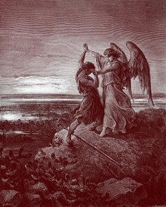 Jakob brottas med ängeln, av Doré. - Bibeln av Gustave Dore