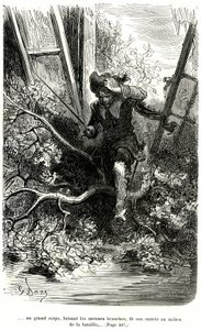 Jacquemin Lampourde, med pistolen i handen, kom till en punkt i striden. Gravyr av Gustave Dore som illustrerar Theophile Gautiers pikareskroman om cape och epee "Le capitaine Fracasse", edition Charpentier 1863. av Gustave Dore