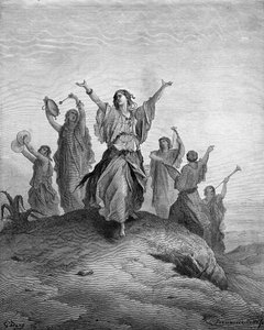 Jeftas dotter Iphis dansar mot honom - Bibeln av Gustave Dore