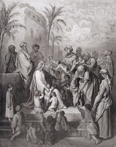 Jesus välsignar barnen, graverad av Stephane Pannemaker (1847-1930) c.1868 av Gustave Dore