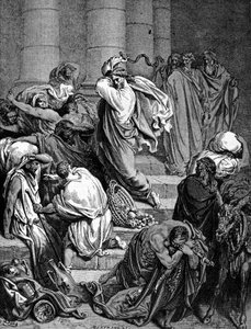 Jesus Kristus jagar köpmännen i templet. Illustration av Gustave Doré. av Gustave Dore