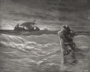 Jesus Walking on the Sea, Johannes 6:19-21, illustration från Dores 