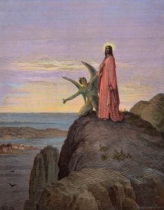 Jesus i öknen, utsatt för djävulens frestelse - Kristi frestelse - Satan frestade Jesus - gravyr av Gustave Dore - senare färgläggning av Gustave Dore