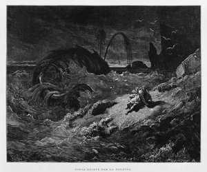 Jona kastas upp på torra land av valen, Illustration från Dore-bibeln av Gustave Dore