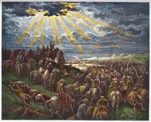 Joshua Commanding the Sun to Stand Still - Josue arrete le soleil - gravyr i "The Bible illustree" av Gustave Dore (1832-1883) - Gravyr från "" The Dore Bible"" av Gustave Dore