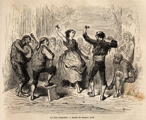 La jota aragonesa, körsång och pardans av Aragonien, utövad under alla populära och religiösa nöjen, texter på temat kärlek, ibland groteska eller triviala, dessa populära sånger upprepas med hjälp av pliegos, små bilagor printe av Gustave Dore