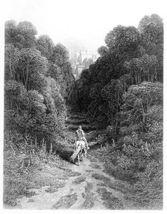 Lancelot närmar sig slottet i Astolat, illustration från "Idylls of the King" av Alfred Tennyson (litho) av Gustave Dore