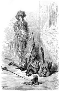 Leandre slog precis en gitarr på Matamores huvud, illustration till "Captain Fracass" av Gustave Dore