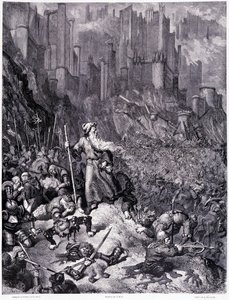 Striderna, plåt IX - Illustration av Gustave Dore (1832-1883), för La legende du Jeif wandering av Pierre Dupont, upplaga Librairie du Magasin Picturesque, Paris 1862 av Gustave Dore