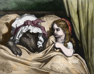 Rödluvan och Vargen ogillar som mormor. Illustration av Gustave Dore av Gustave Dore